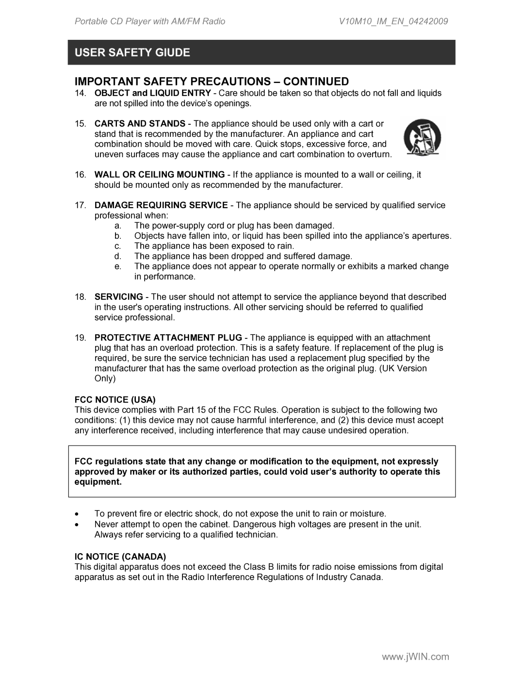 Jwin JX-CD427 instruction manual FCC Notice USA, IC Notice Canada 