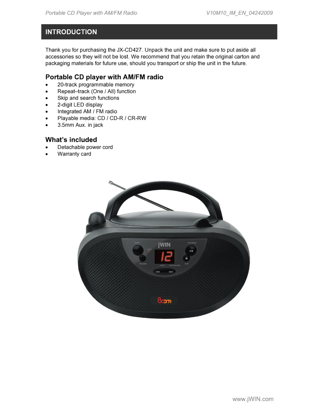 Jwin JX-CD427 instruction manual Introduction, Portable CD player with AM/FM radio, What’s included 