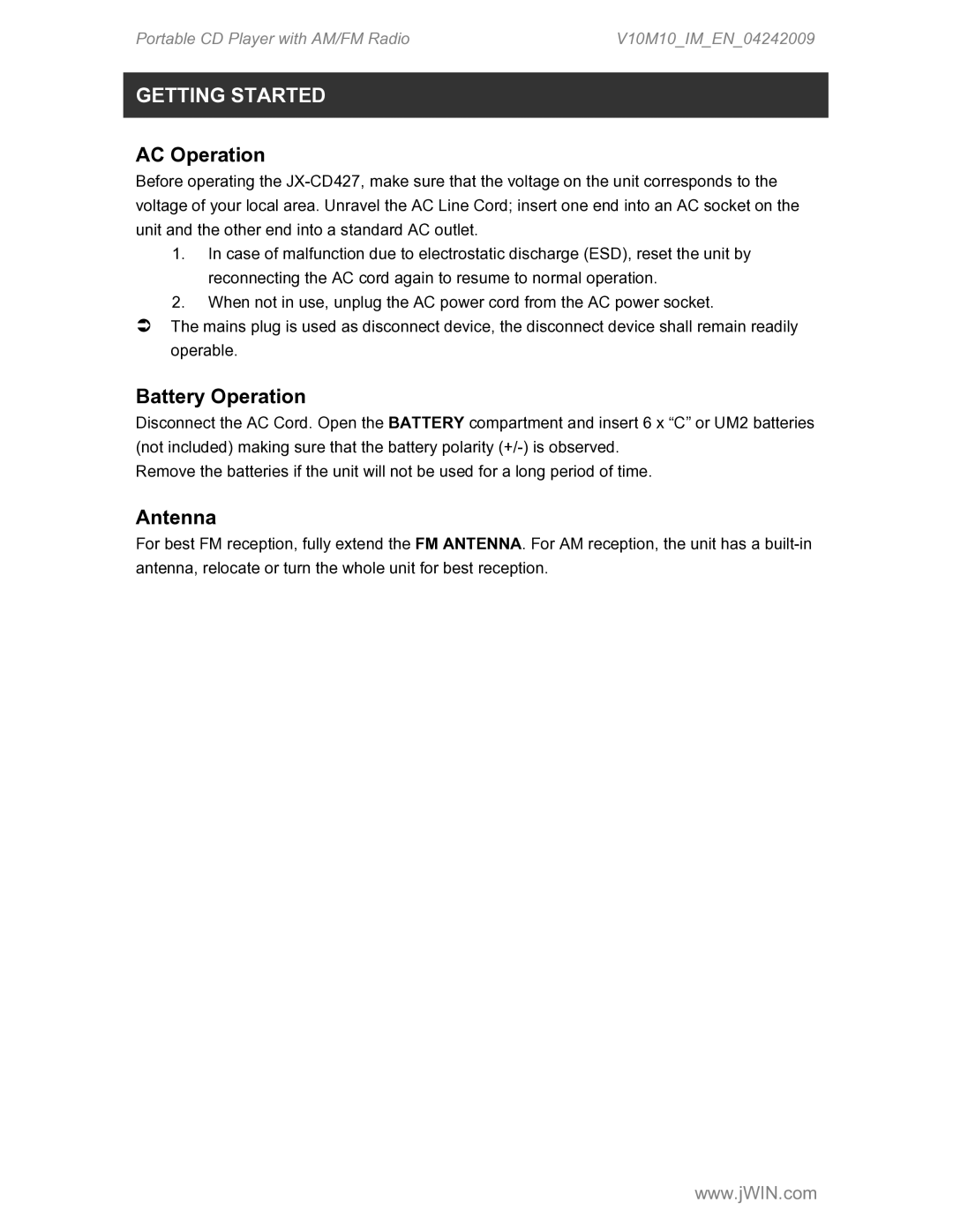 Jwin JX-CD427 instruction manual Getting Started, AC Operation, Battery Operation, Antenna 