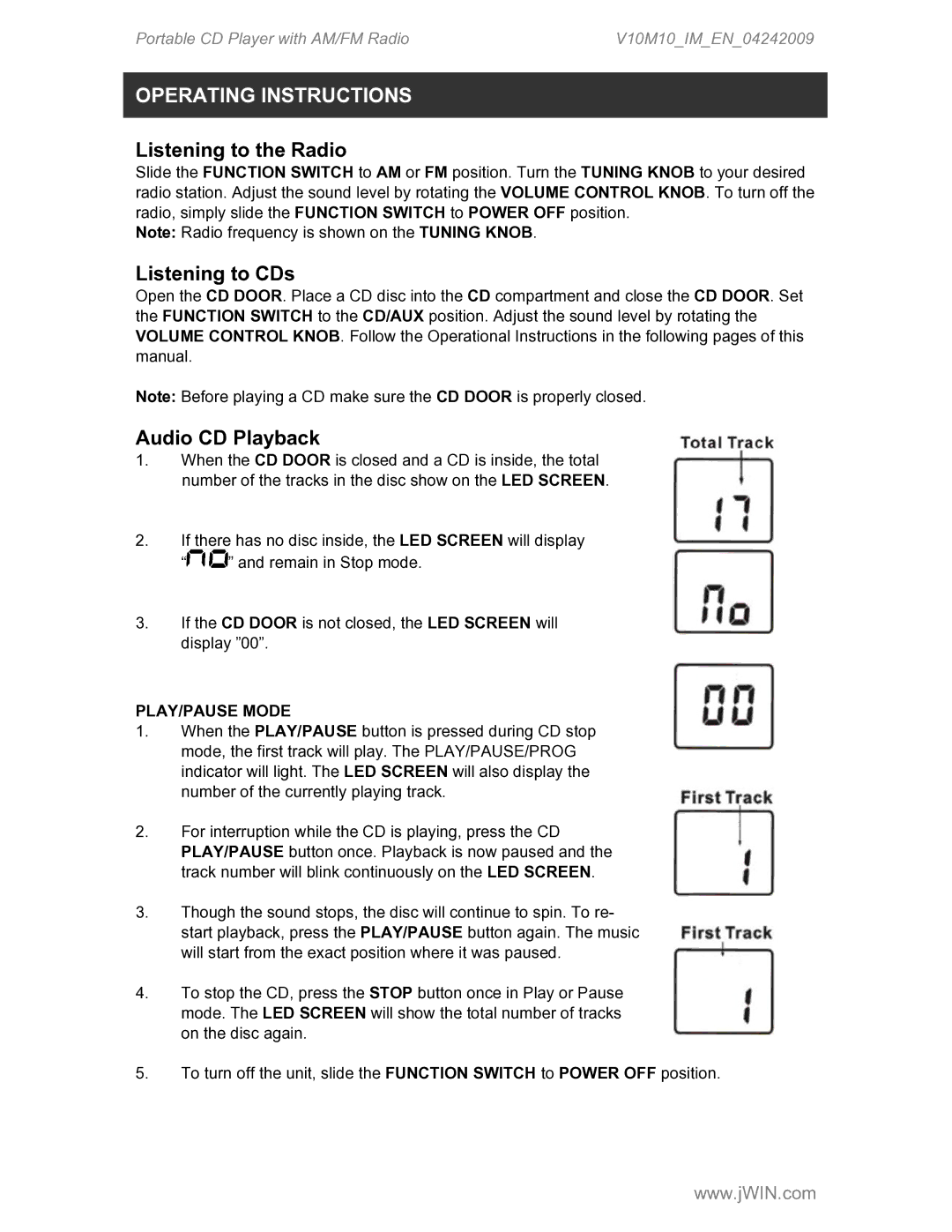 Jwin JX-CD427 Operating Instructions, Listening to the Radio, Listening to CDs, Audio CD Playback, PLAY/PAUSE Mode 