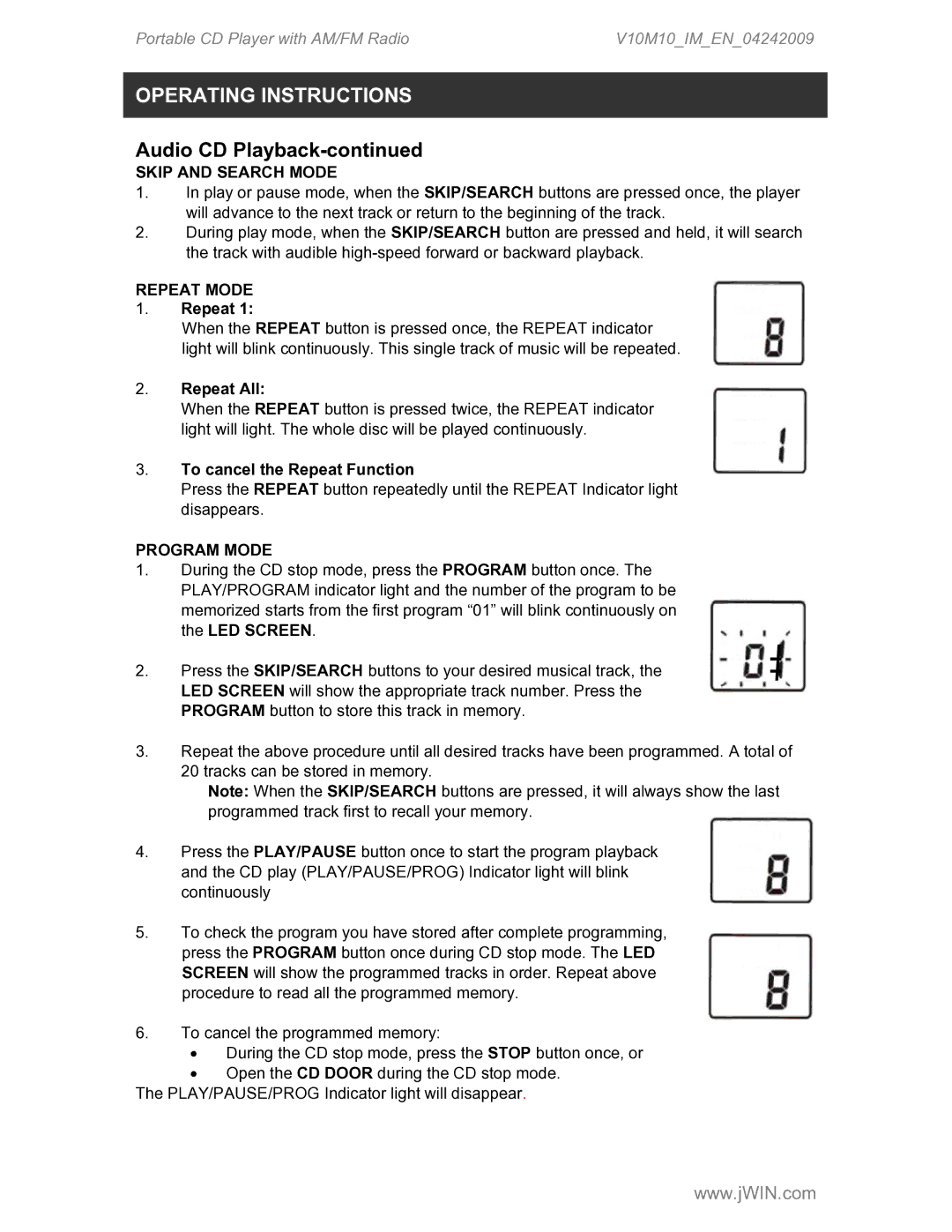 Jwin JX-CD427 instruction manual Skip and Search Mode, Repeat Mode, Program Mode 