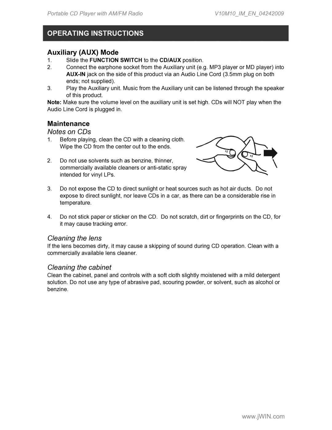 Jwin JX-CD427 instruction manual Auxiliary AUX Mode, Maintenance 