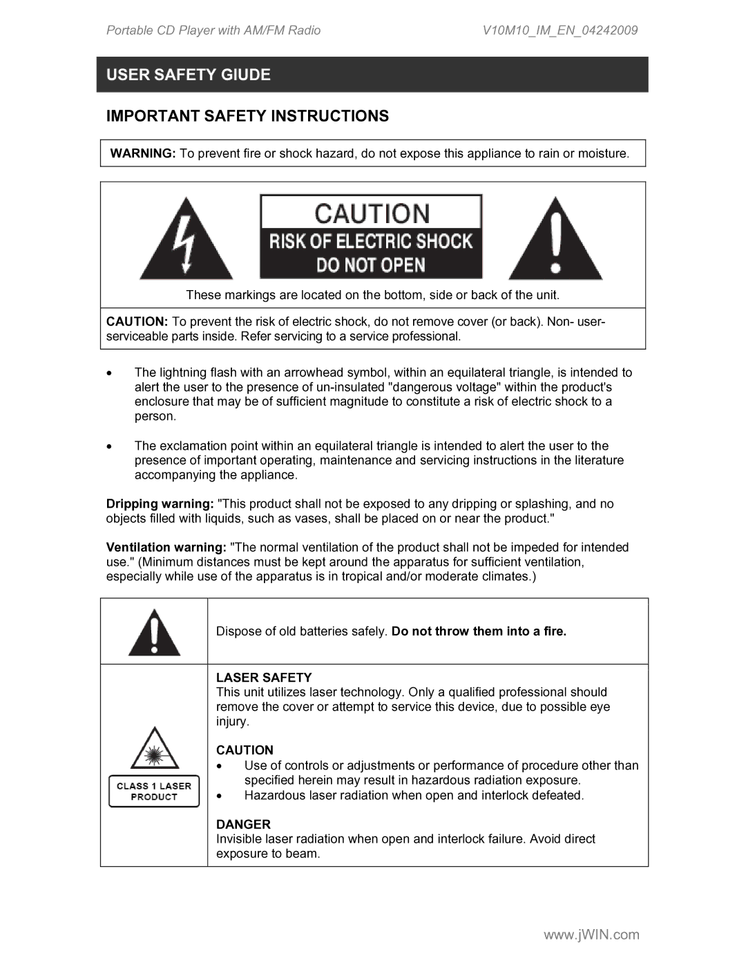 Jwin JX-CD427 instruction manual User Safety Giude, Laser Safety 