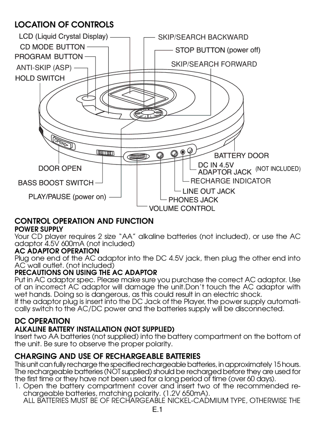 Jwin JX-CD476 instruction manual Location of Controls, Control Operation and Function, DC Operation 