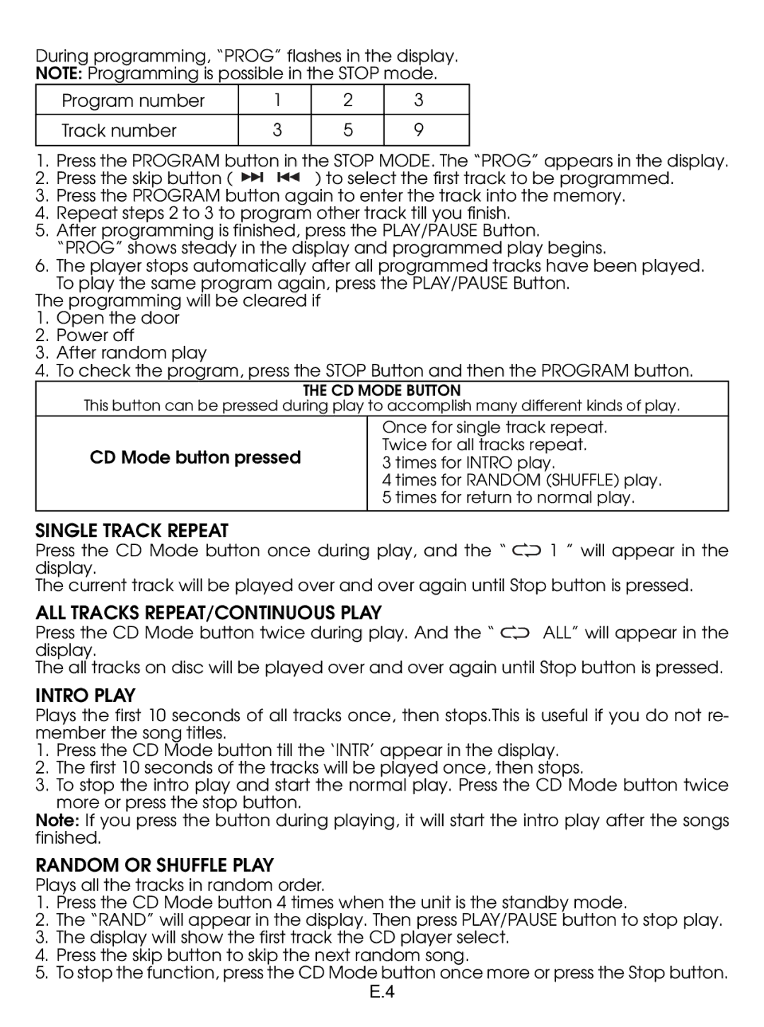 Jwin JX-CD476 instruction manual Single Track Repeat, ALL Tracks REPEAT/CONTINUOUS Play, Intro Play, Random or Shuffle Play 