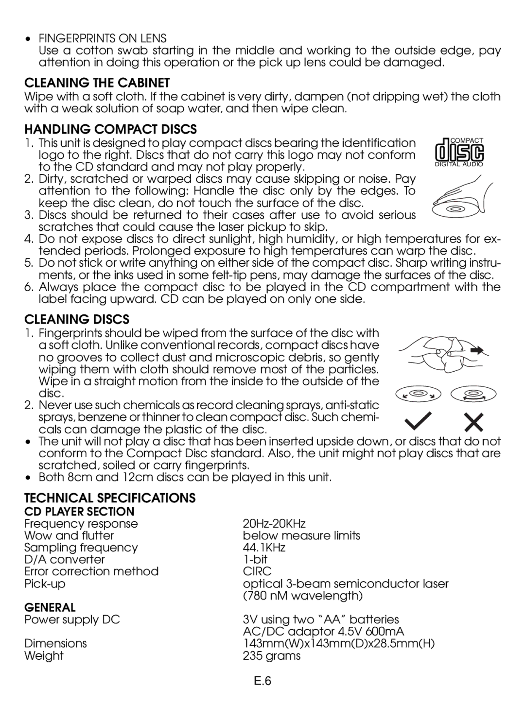 Jwin JX-CD476 instruction manual Cleaning the Cabinet, Handling Compact Discs, Cleaning Discs, Technical Specifications 