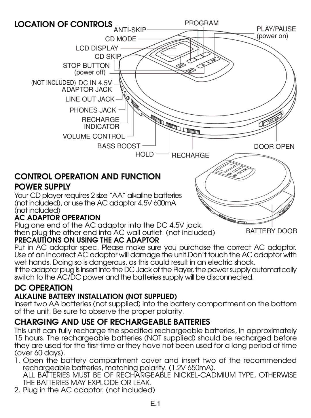 Jwin JX-CD477 instruction manual Location of Controls, Control Operation and Function Power Supply, DC Operation 