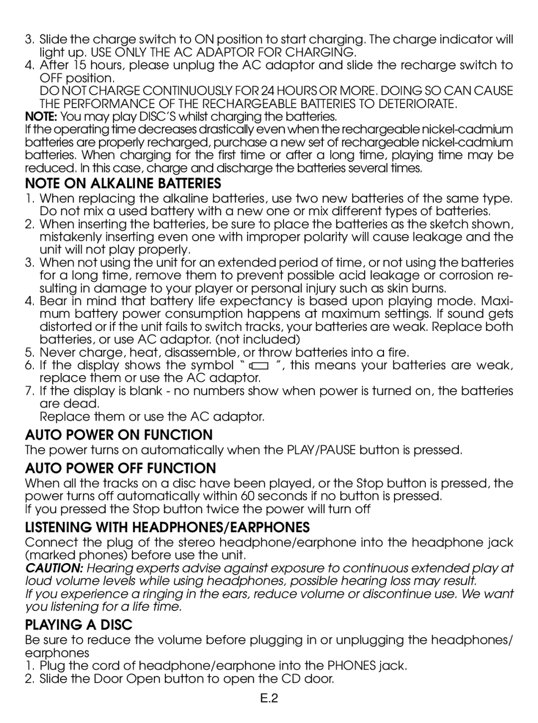 Jwin JX-CD477 Auto Power on Function, Auto Power OFF Function, Listening with HEADPHONES/EARPHONES, Playing a Disc 