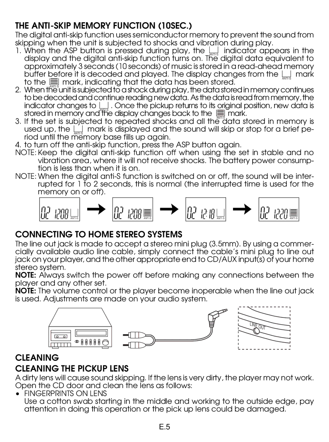 Jwin JX-CD477 ANTI-SKIP Memory Function 10SEC, Connecting to Home Stereo Systems, Cleaning Cleaning the Pickup Lens 