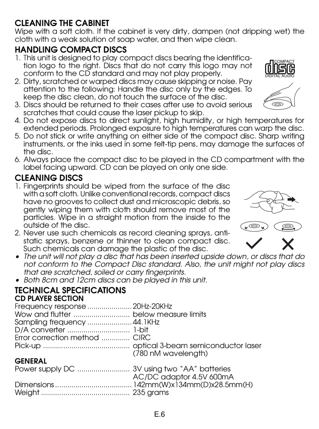 Jwin JX-CD477 instruction manual Cleaning the Cabinet, Handling Compact Discs, Cleaning Discs, Technical Specifications 