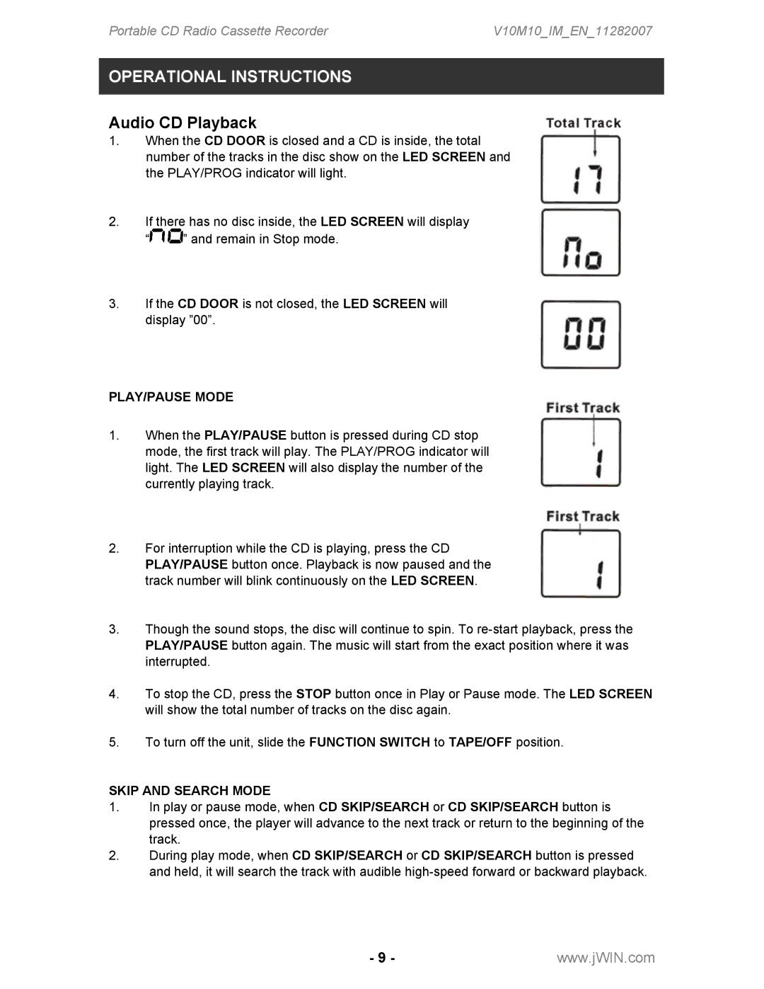 Jwin JX-CD483 instruction manual Operational Instructions, Audio CD Playback, PLAY/PAUSE Mode, Skip and Search Mode 