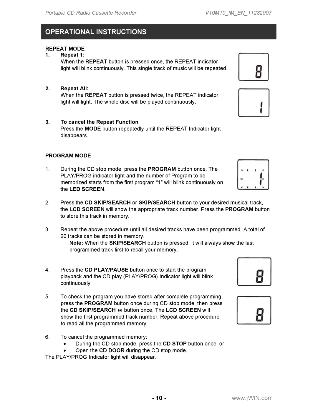 Jwin JX-CD483 instruction manual Repeat Mode, Program Mode 