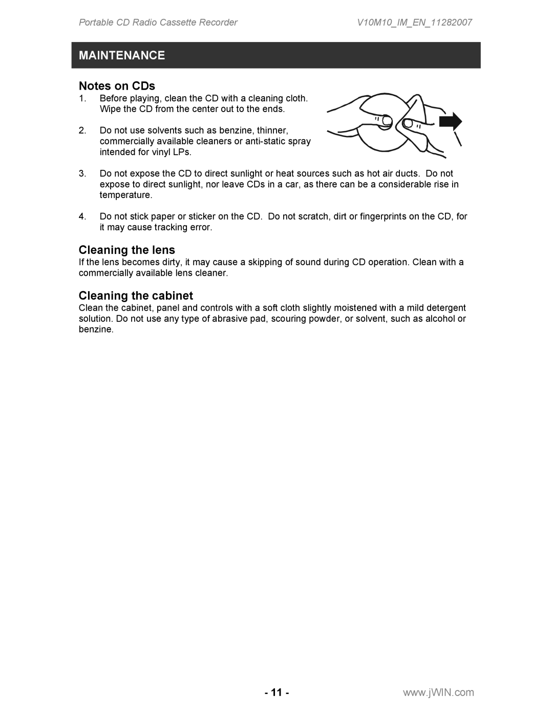 Jwin JX-CD483 instruction manual Maintenance, Cleaning the lens, Cleaning the cabinet 