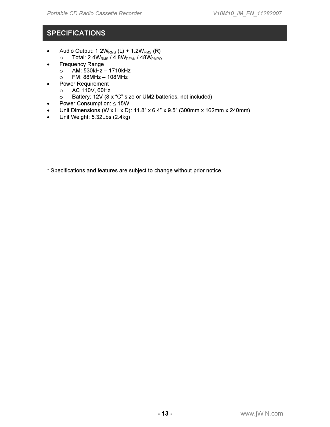 Jwin JX-CD483 instruction manual Specifications 