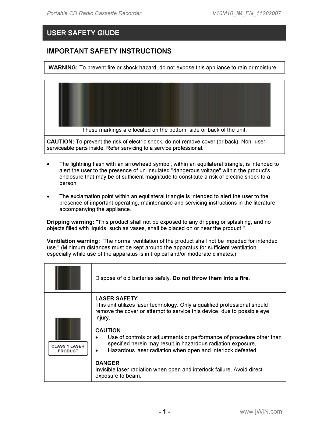 Jwin JX-CD483 instruction manual User Safety Giude, Laser Safety 