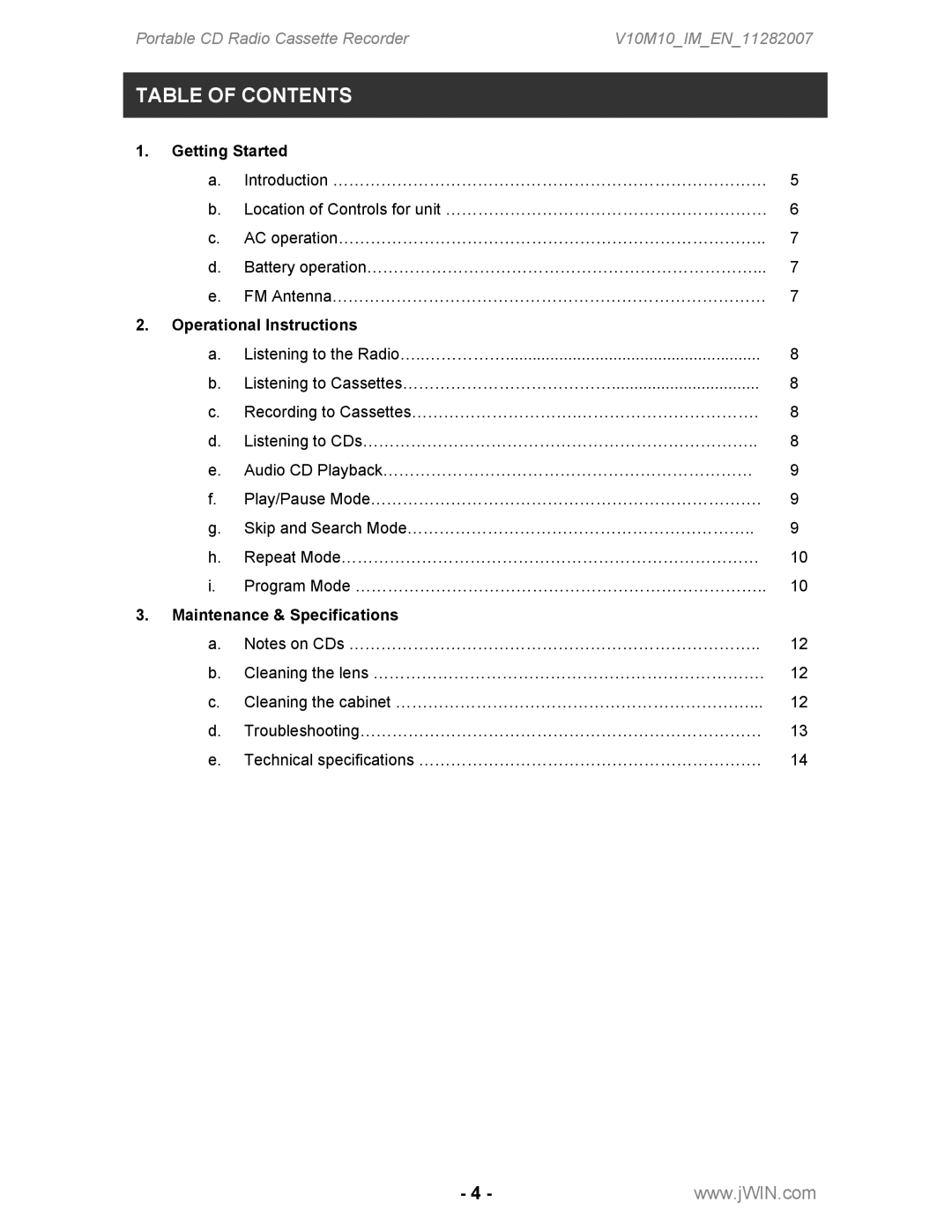 Jwin JX-CD483 instruction manual Table of Contents 