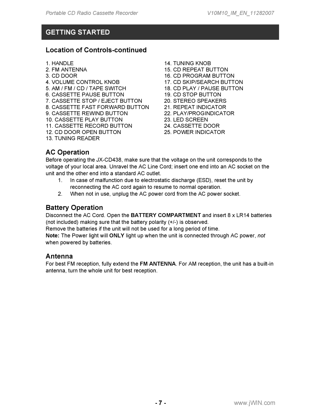 Jwin JX-CD483 instruction manual AC Operation, Battery Operation, Antenna 