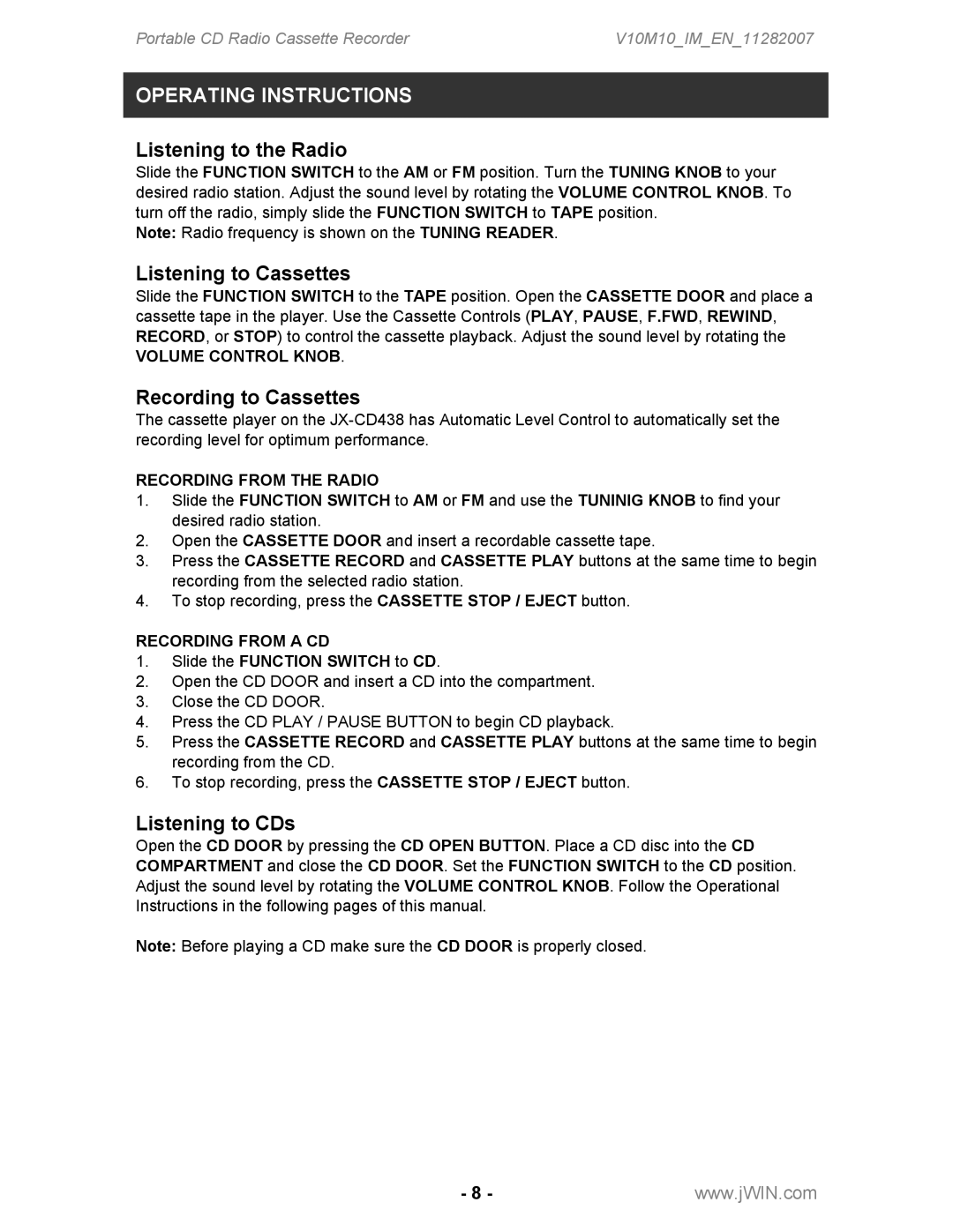 Jwin JX-CD483 Operating Instructions, Listening to the Radio, Listening to Cassettes, Recording to Cassettes 