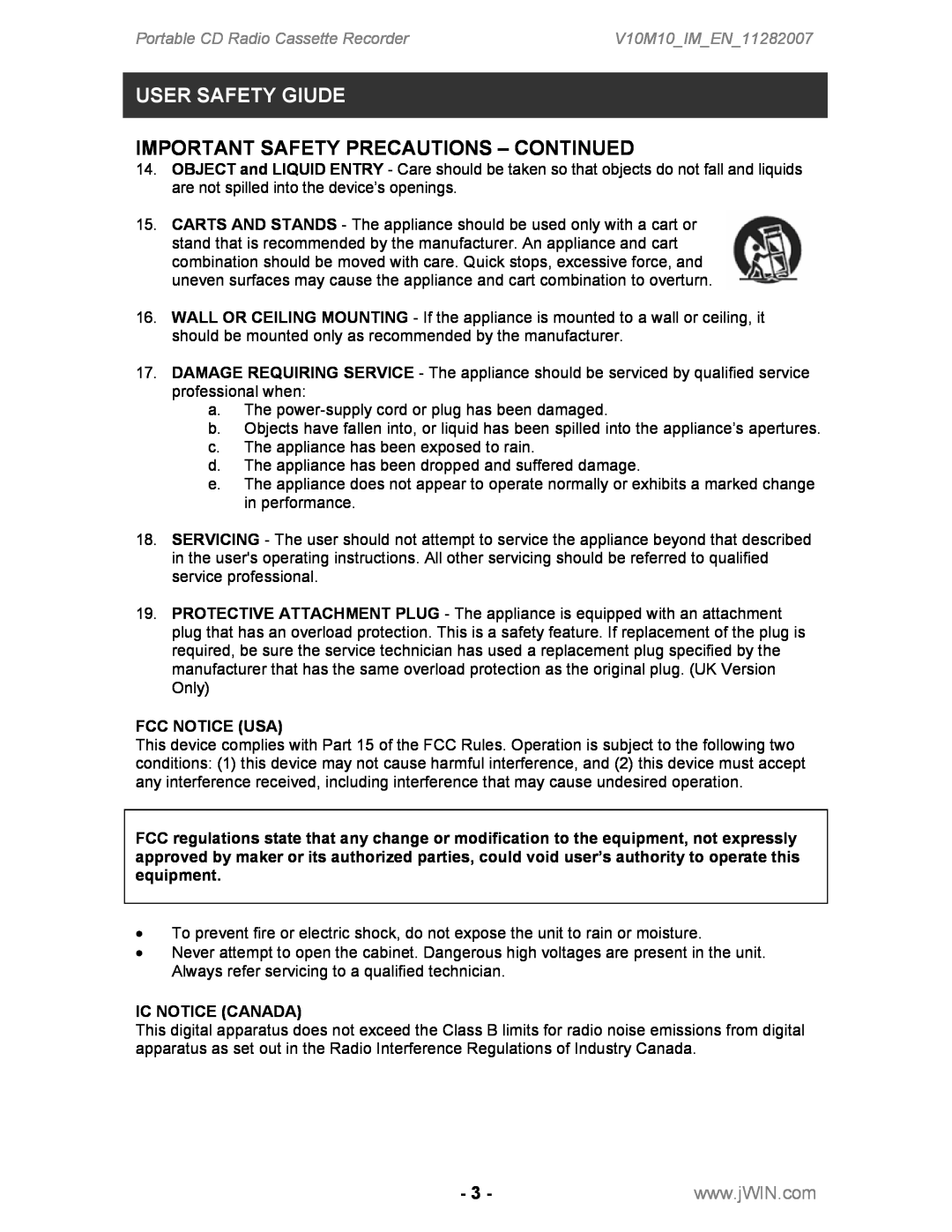 Jwin JX-CD483 Important Safety Precautions - Continued, Fcc Notice Usa, Ic Notice Canada, User Safety Giude 