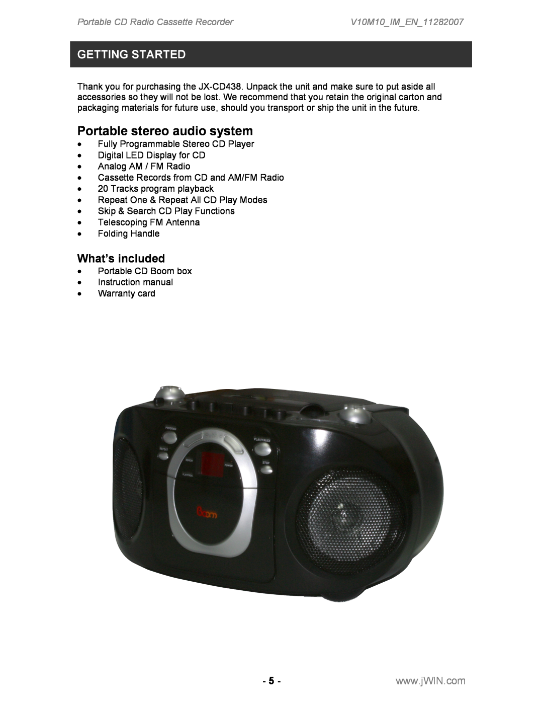 Jwin JX-CD483 Getting Started, What’s included, Portable stereo audio system, Portable CD Radio Cassette Recorder 