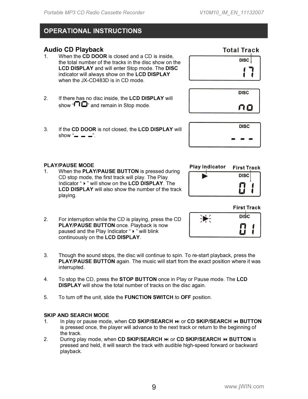 Jwin JX-CD483D instruction manual Operational Instructions, Audio CD Playback, PLAY/PAUSE Mode, Skip and Search Mode 