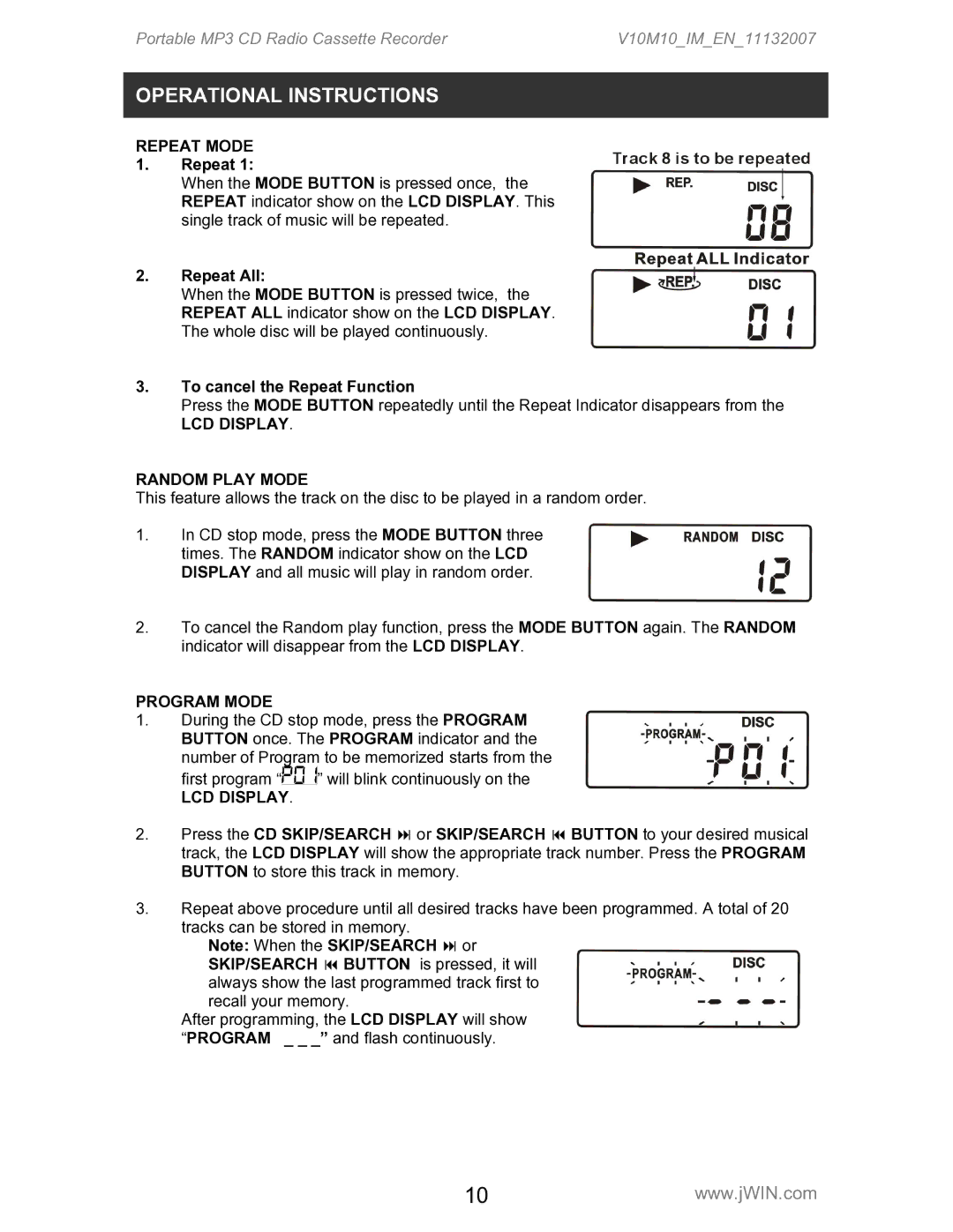 Jwin JX-CD483D instruction manual Repeat Mode, LCD Display Random Play Mode, Program Mode 