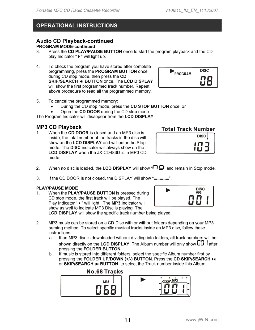 Jwin JX-CD483D instruction manual MP3 CD Playback, Program Mode 