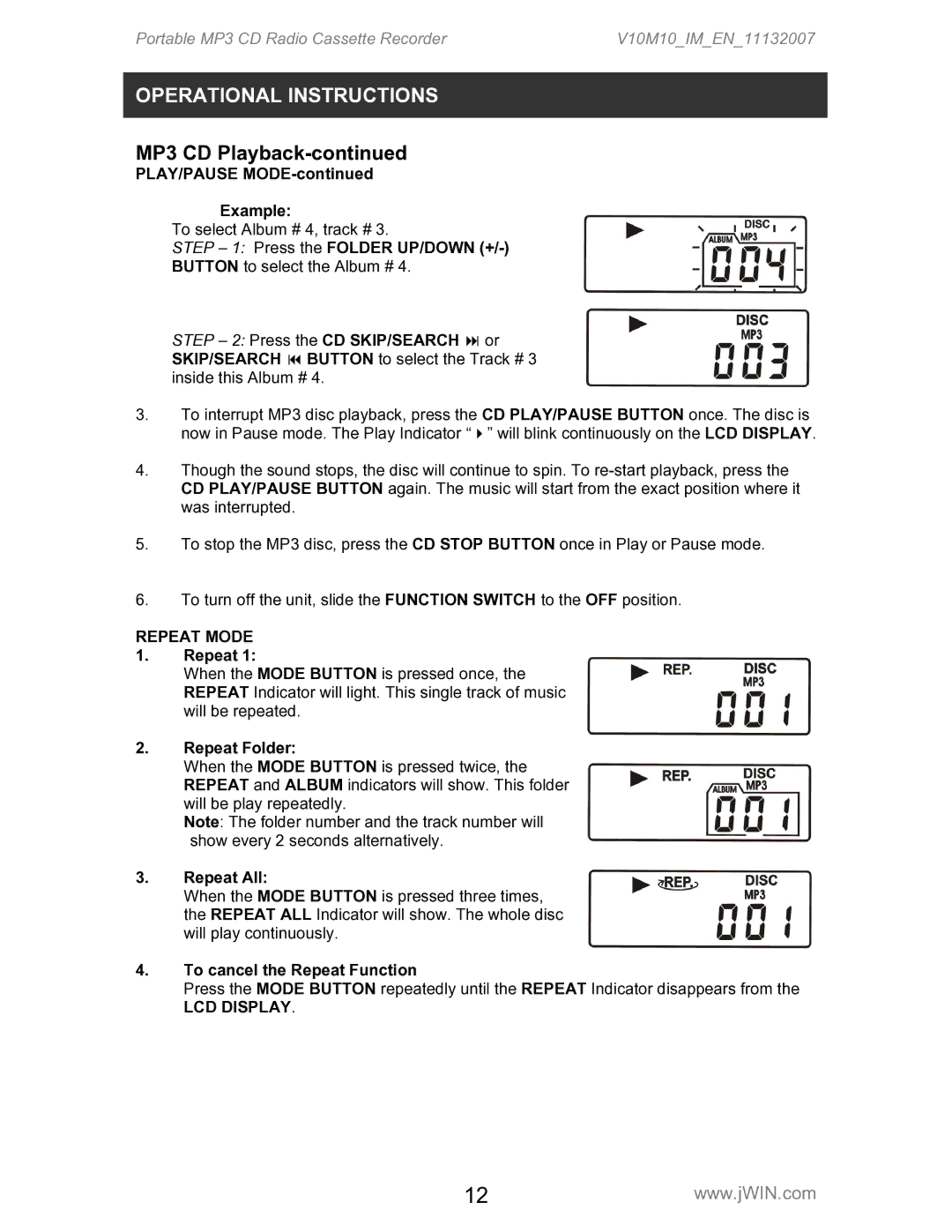 Jwin JX-CD483D instruction manual PLAY/PAUSE Mode Example, Press the Folder UP/DOWN +, Repeat Folder 