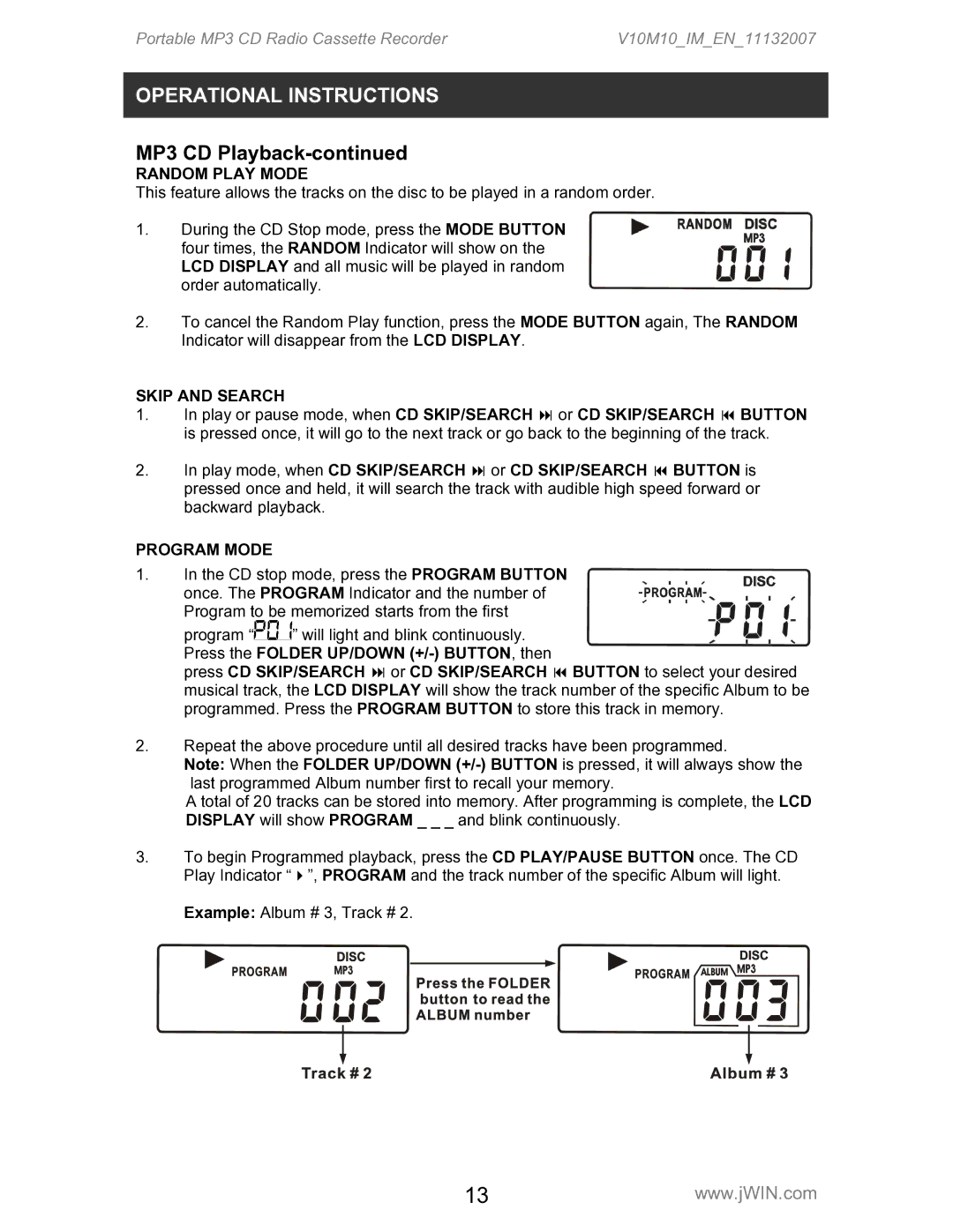 Jwin JX-CD483D instruction manual Skip and Search, Play mode, when CD SKIP/SEARCH or CD SKIP/SEARCH Button is 