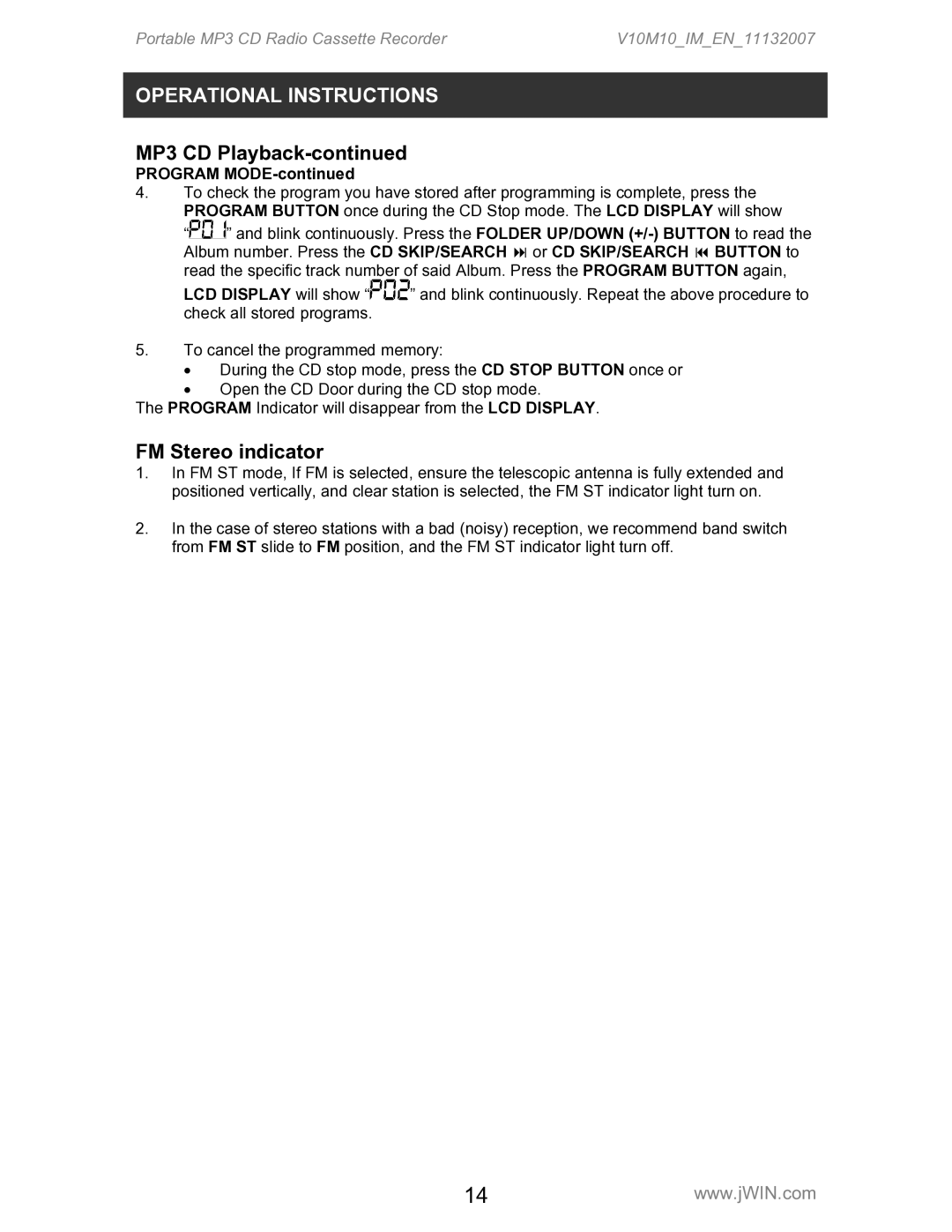 Jwin JX-CD483D instruction manual FM Stereo indicator, Program Mode 