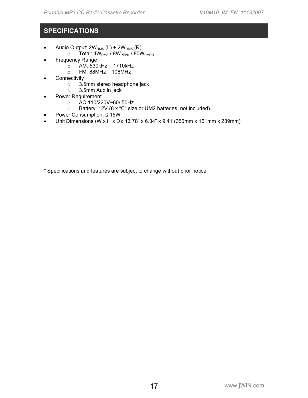 Jwin JX-CD483D instruction manual Specifications 