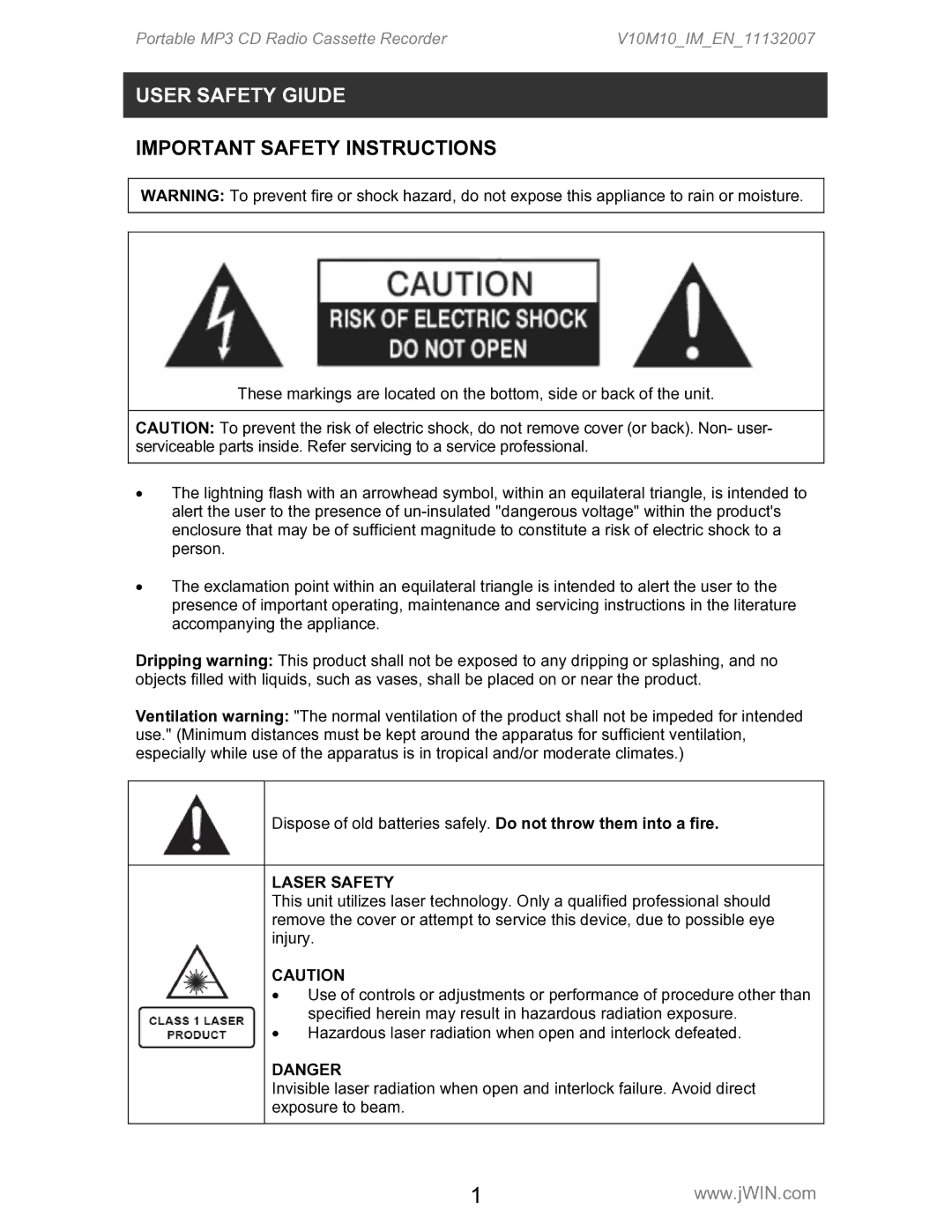 Jwin JX-CD483D instruction manual User Safety Giude, Laser Safety 