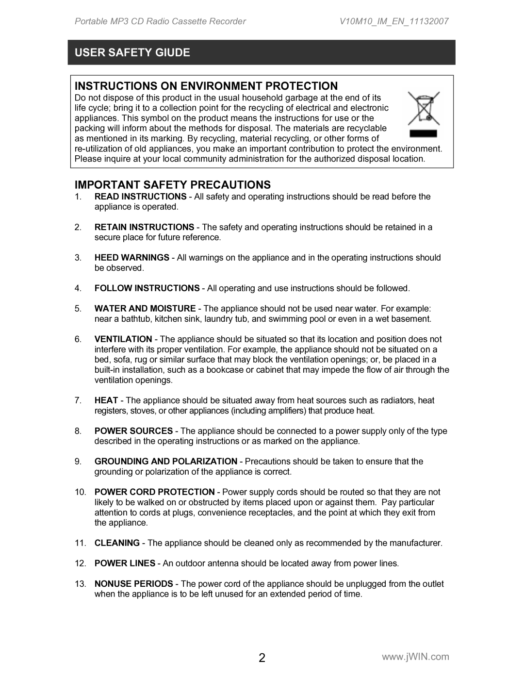 Jwin JX-CD483D instruction manual Instructions on Environment Protection 