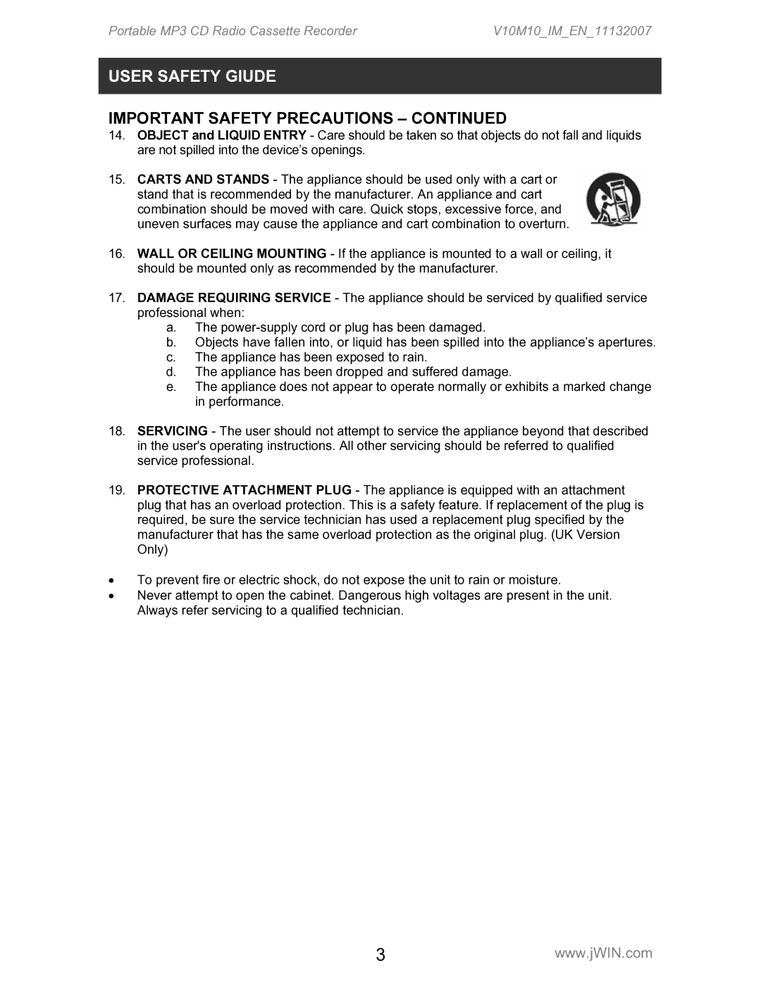 Jwin JX-CD483D instruction manual User Safety Giude 