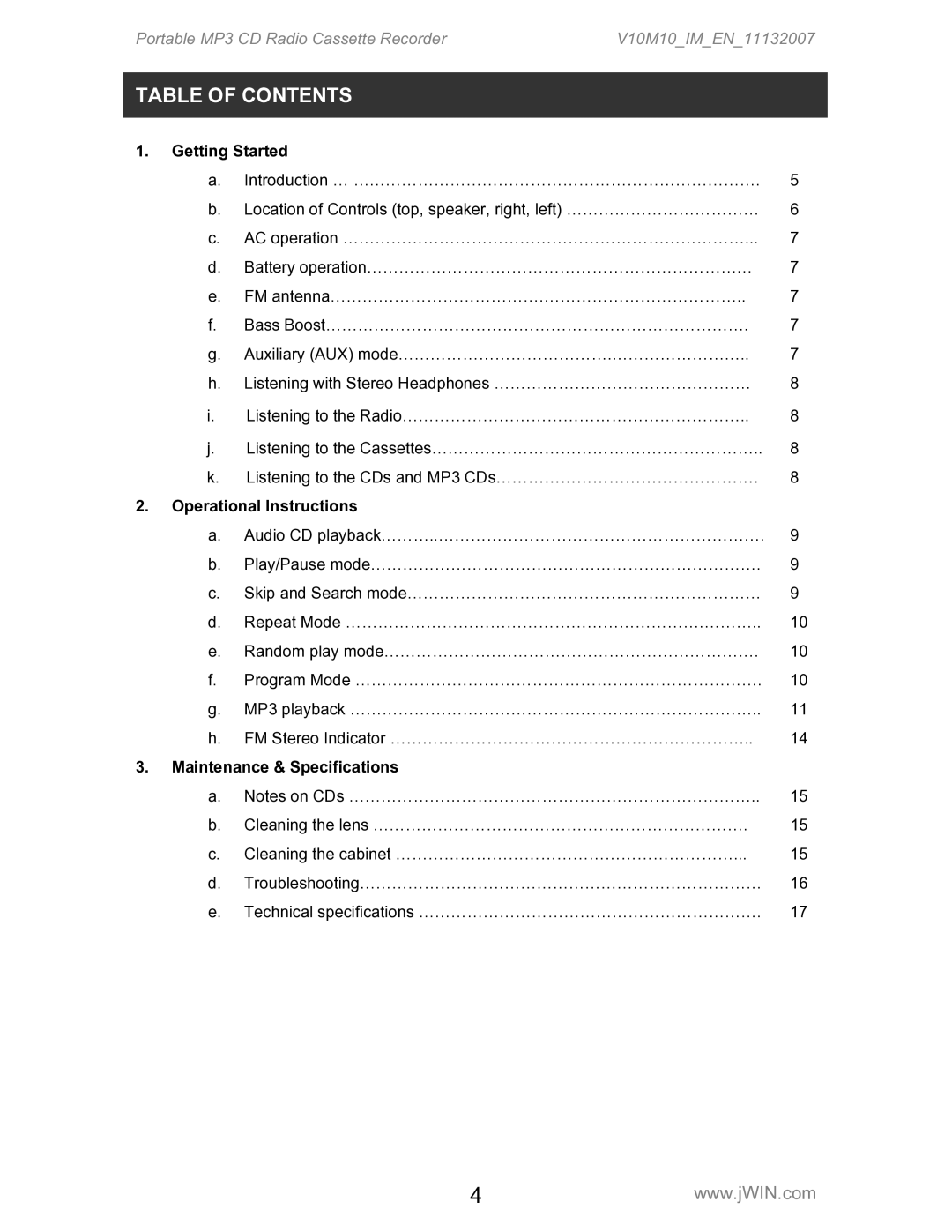 Jwin JX-CD483D instruction manual Table of Contents 