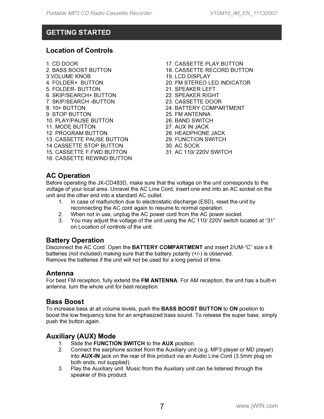 Jwin JX-CD483D instruction manual AC Operation, Battery Operation, Antenna, Bass Boost, Auxiliary AUX Mode 