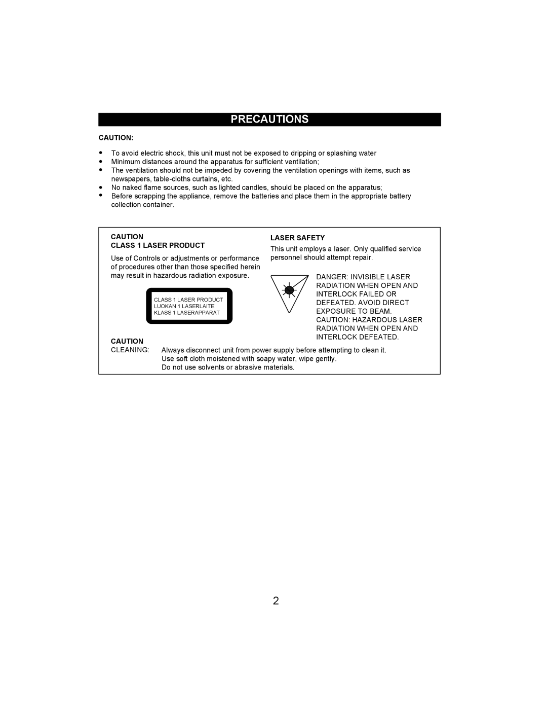 Jwin JX-CD492 owner manual Precautions, Laser Safety, Class 1 Laser Product 