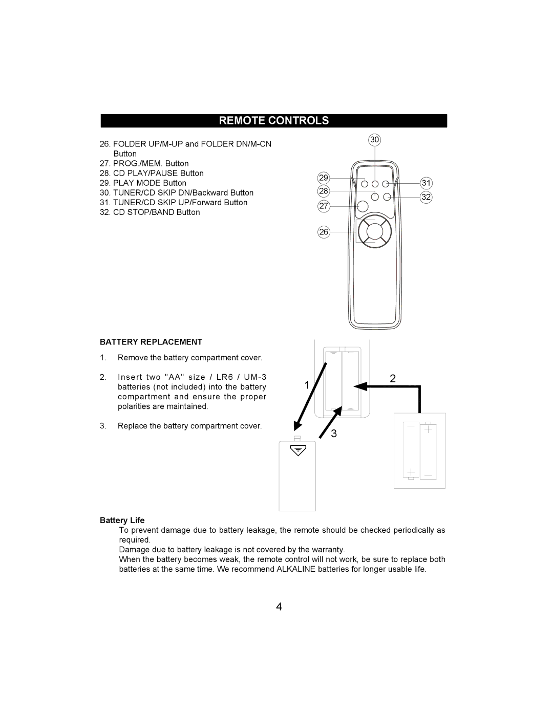 Jwin JX-CD492 owner manual Remote Controls, Battery Replacement 