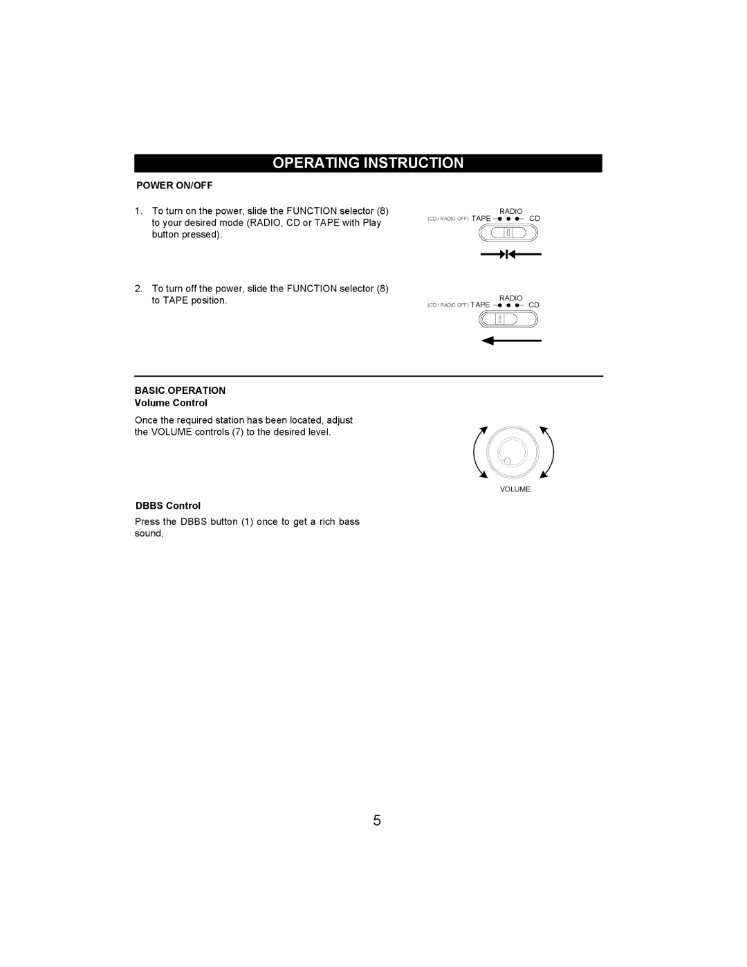 Jwin JX-CD492 owner manual Operating Instruction, Power ON/OFF, Basic Operation, Volume Control, Dbbs Control 