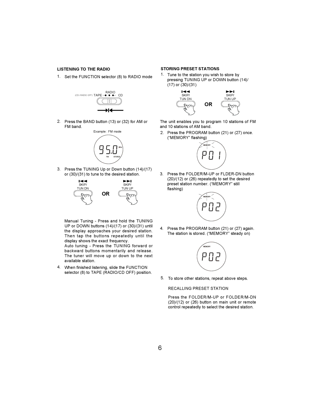 Jwin JX-CD492 owner manual Listening to the Radio, Storing Preset Stations 