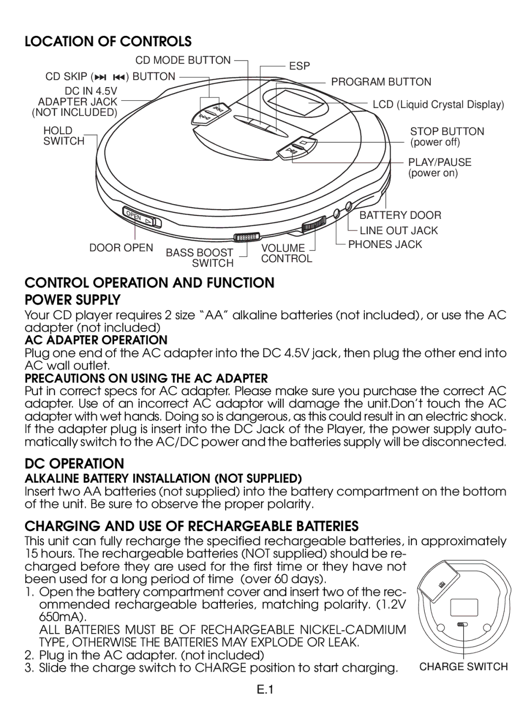 Jwin JX-CD530 instruction manual Location of Controls, Control Operation and Function Power Supply, DC Operation 