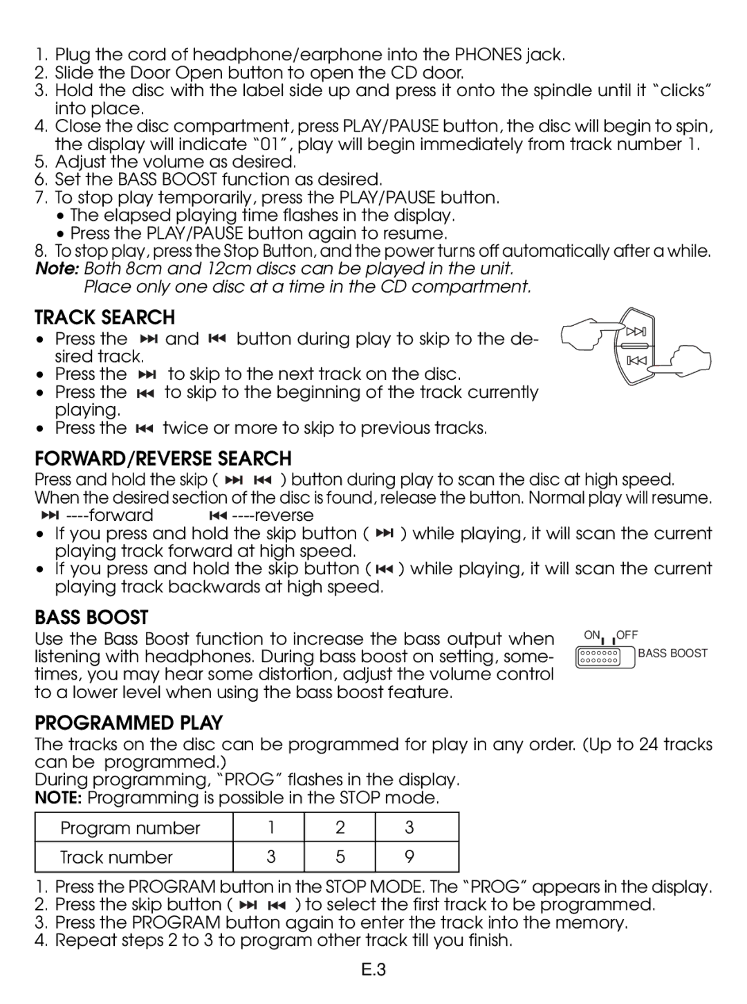 Jwin JX-CD530 instruction manual Track Search, FORWARD/REVERSE Search, Bass Boost, Programmed Play 