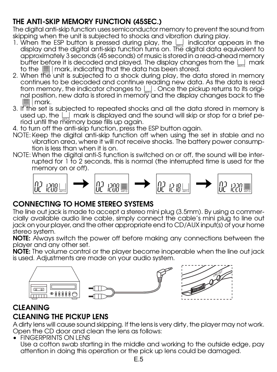 Jwin JX-CD530 ANTI-SKIP Memory Function 45SEC, Connecting to Home Stereo Systems, Cleaning Cleaning the Pickup Lens 