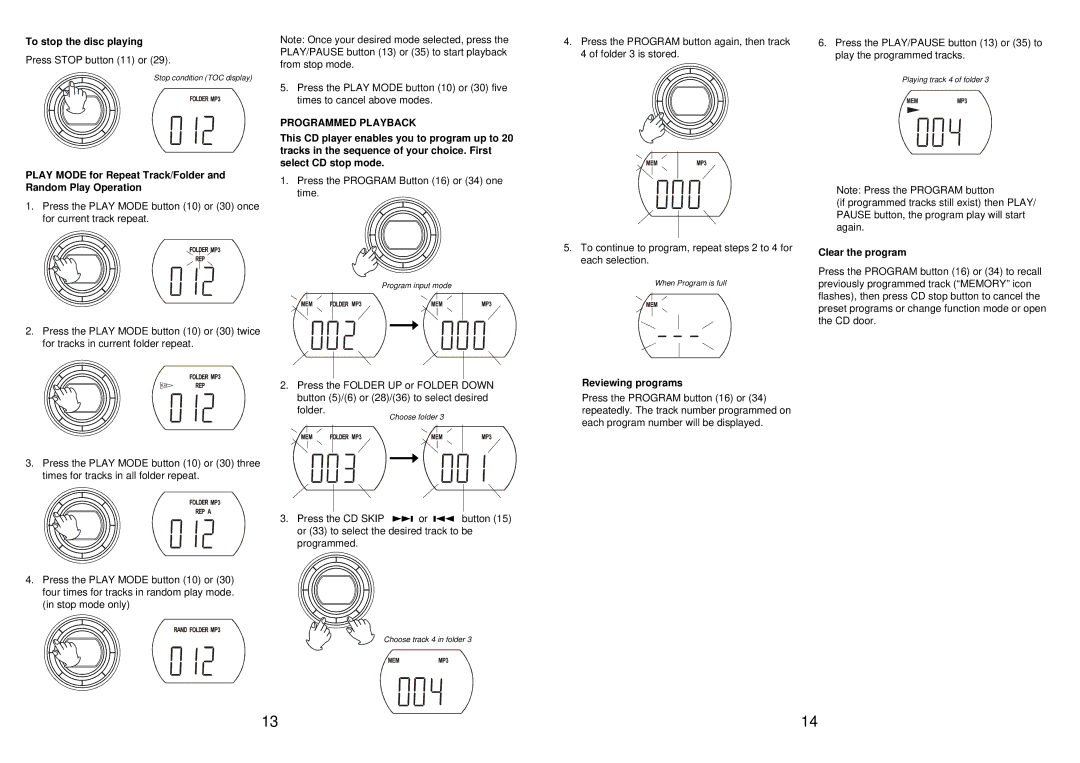 Jwin JX-CD5500 manual To stop the disc playing, Play Mode for Repeat Track/Folder and Random Play Operation 