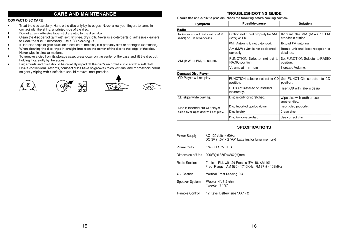 Jwin JX-CD5500 manual Care and Maintenance, Compact Disc Care, Symptom Possible cause Solution Radio, Compact Disc Player 