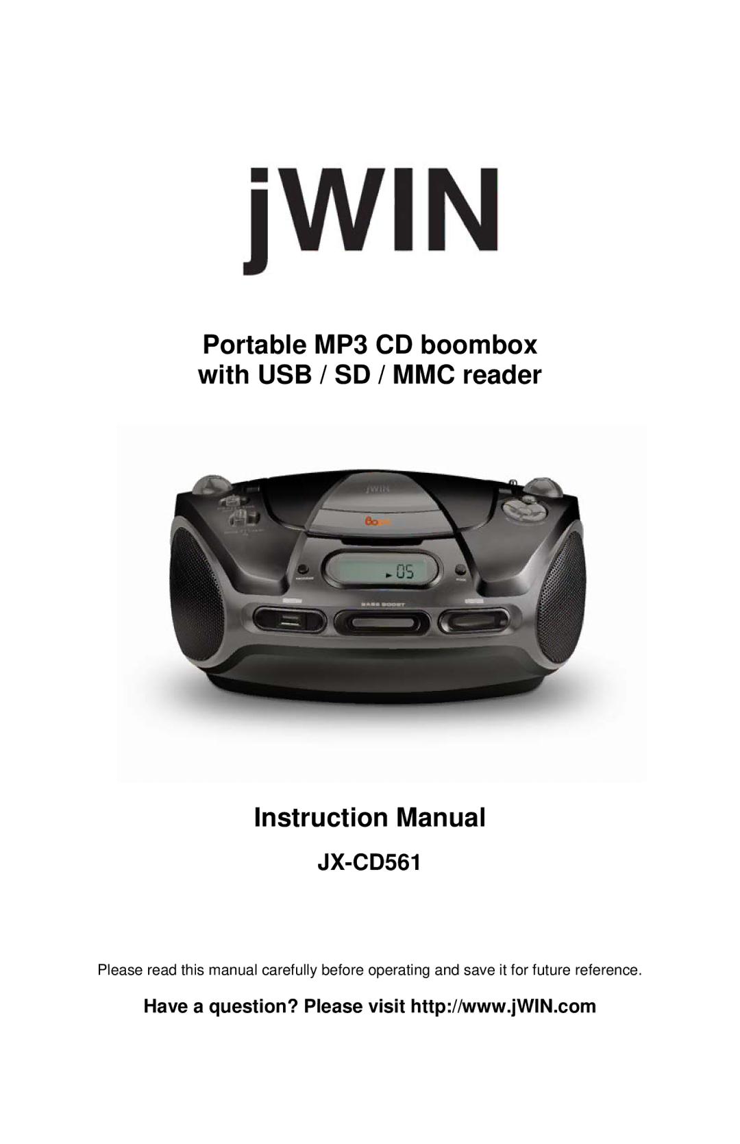 Jwin JX-CD561 instruction manual Portable MP3 CD boombox with USB / SD / MMC reader 