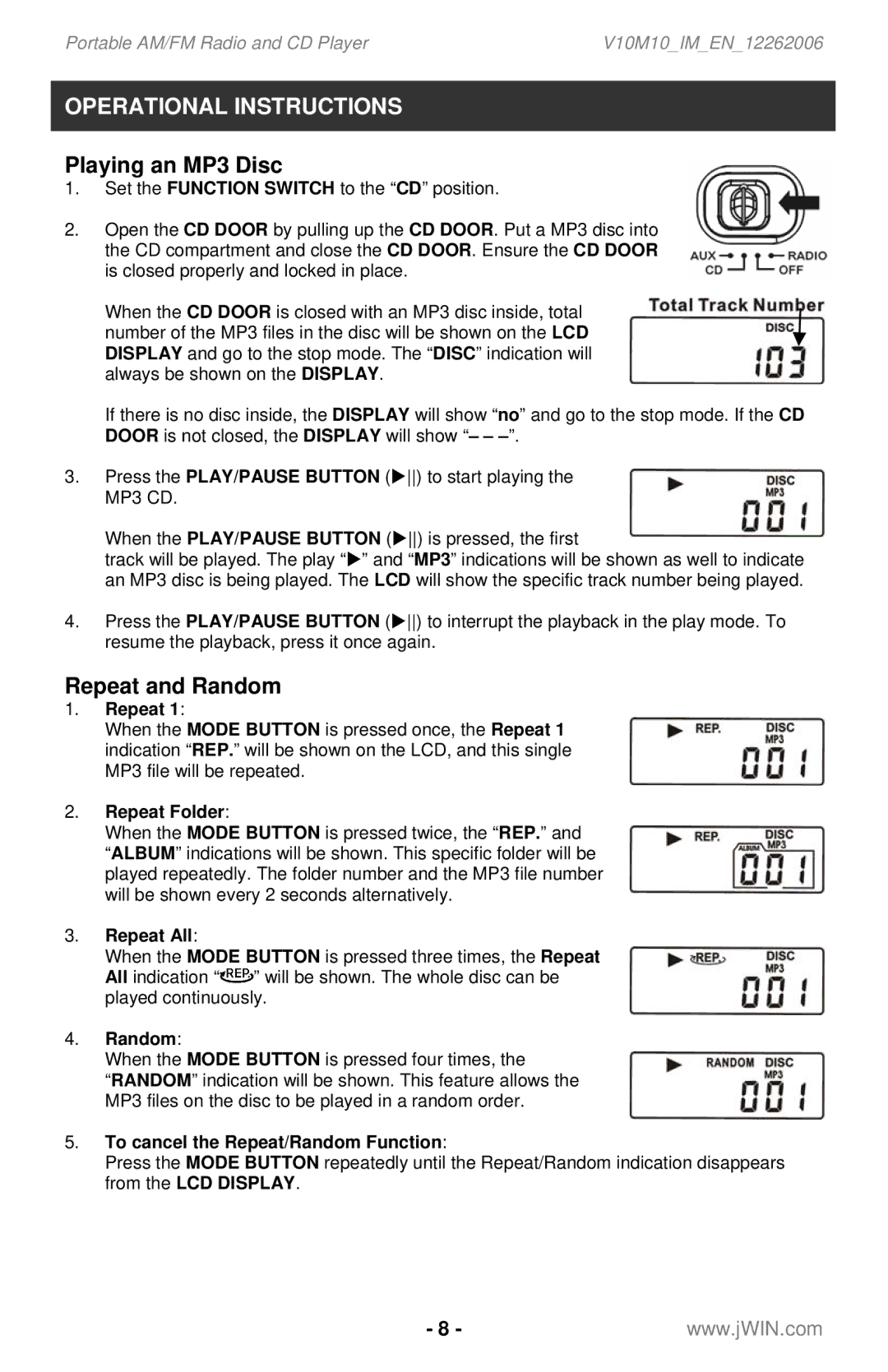 Jwin JX-CD561 instruction manual Operational Instructions, Playing an MP3 Disc, Repeat and Random 