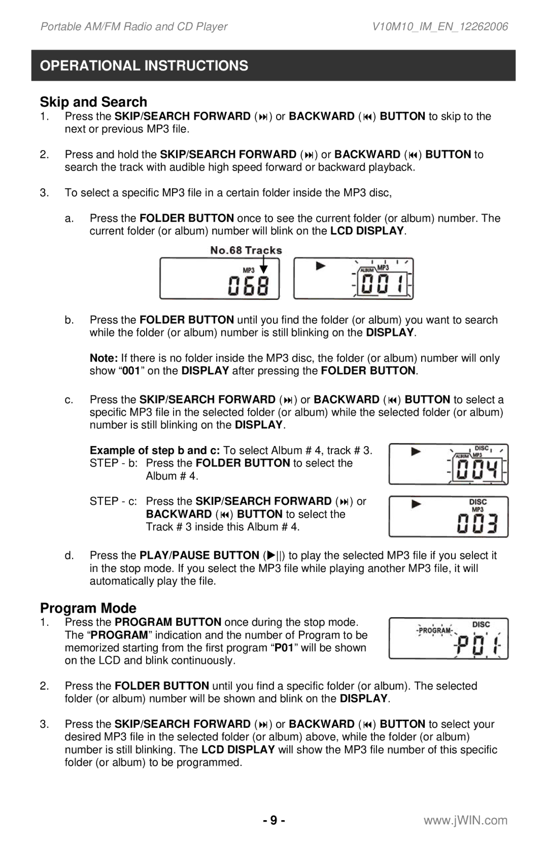 Jwin JX-CD561 instruction manual Skip and Search, Program Mode 