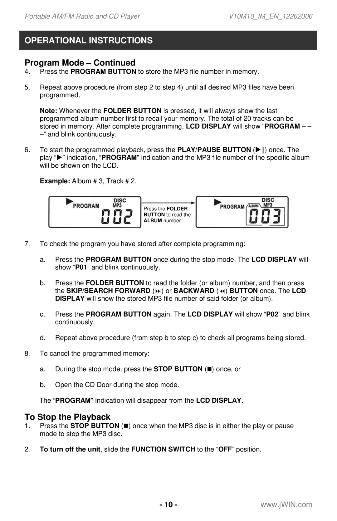 Jwin JX-CD561 instruction manual To Stop the Playback 