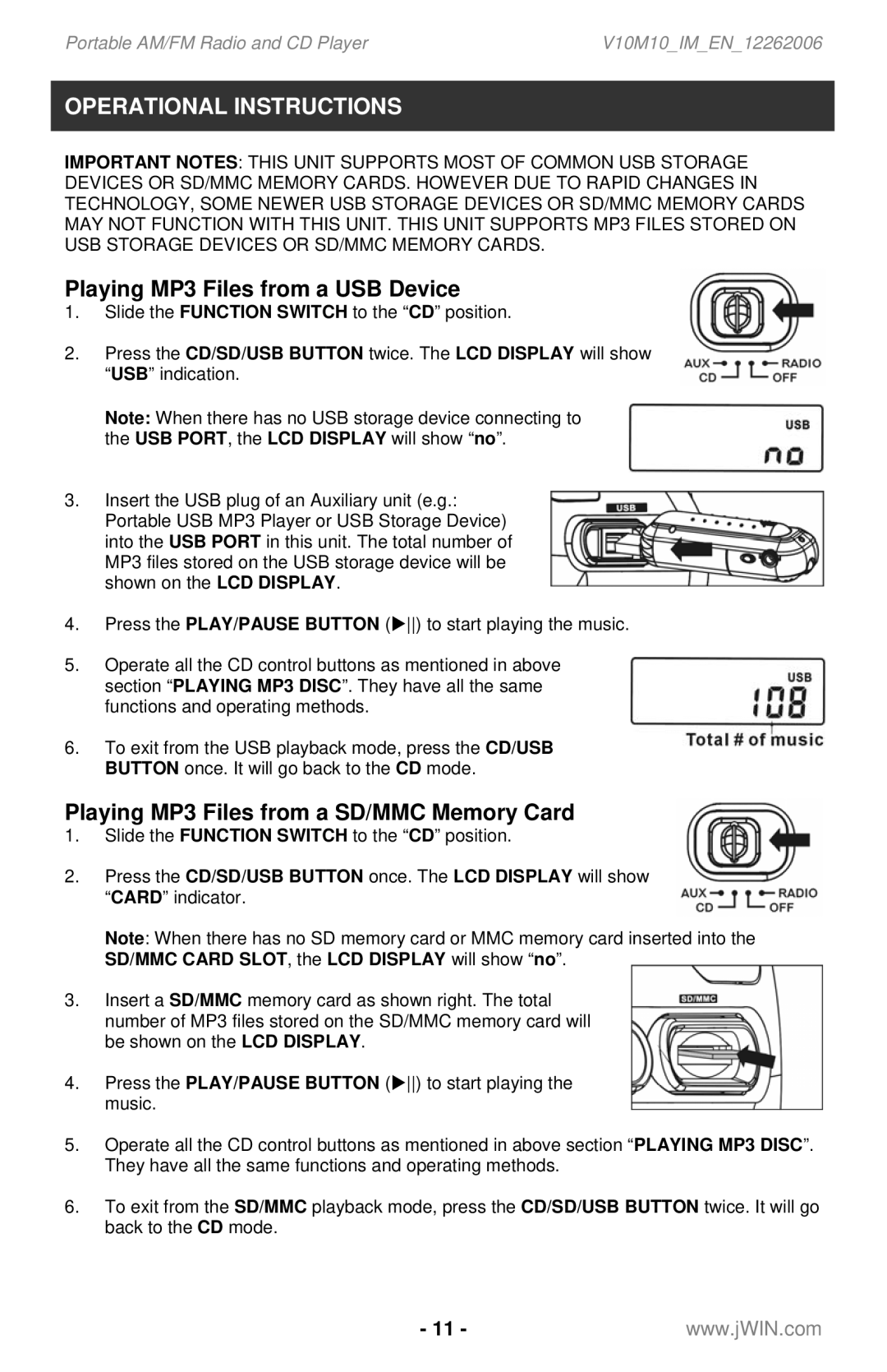 Jwin JX-CD561 instruction manual Playing MP3 Files from a USB Device, Playing MP3 Files from a SD/MMC Memory Card 